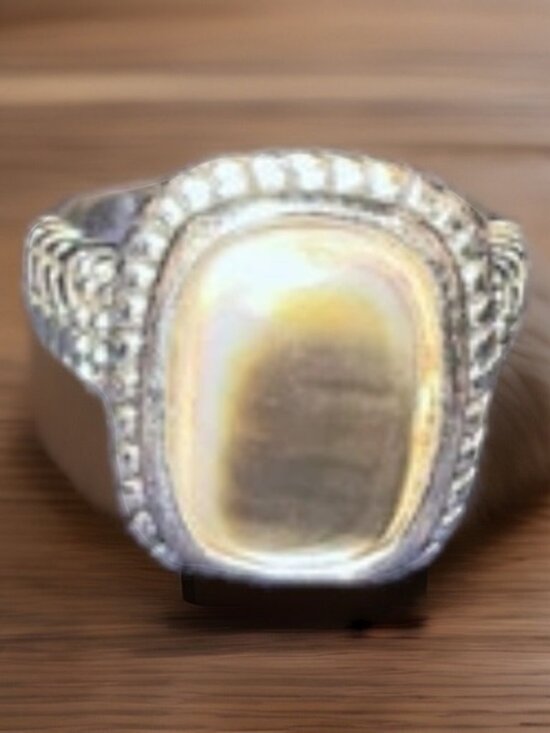 Silver Tone Ring Size 9.5 Smoky Opal Stone With Beaded Rectangular Border - Picture 2 of 4